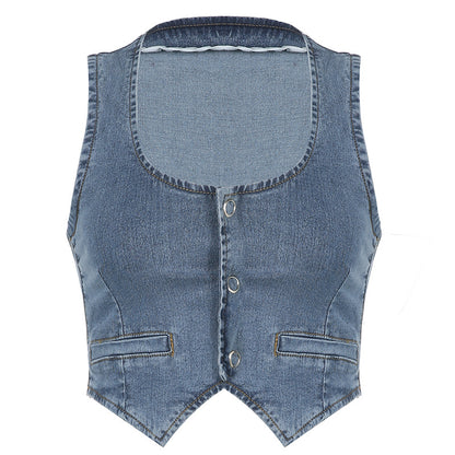 Streetwear Blue Denim Vest Jacket Buttons Up Tank Top Women Fashion