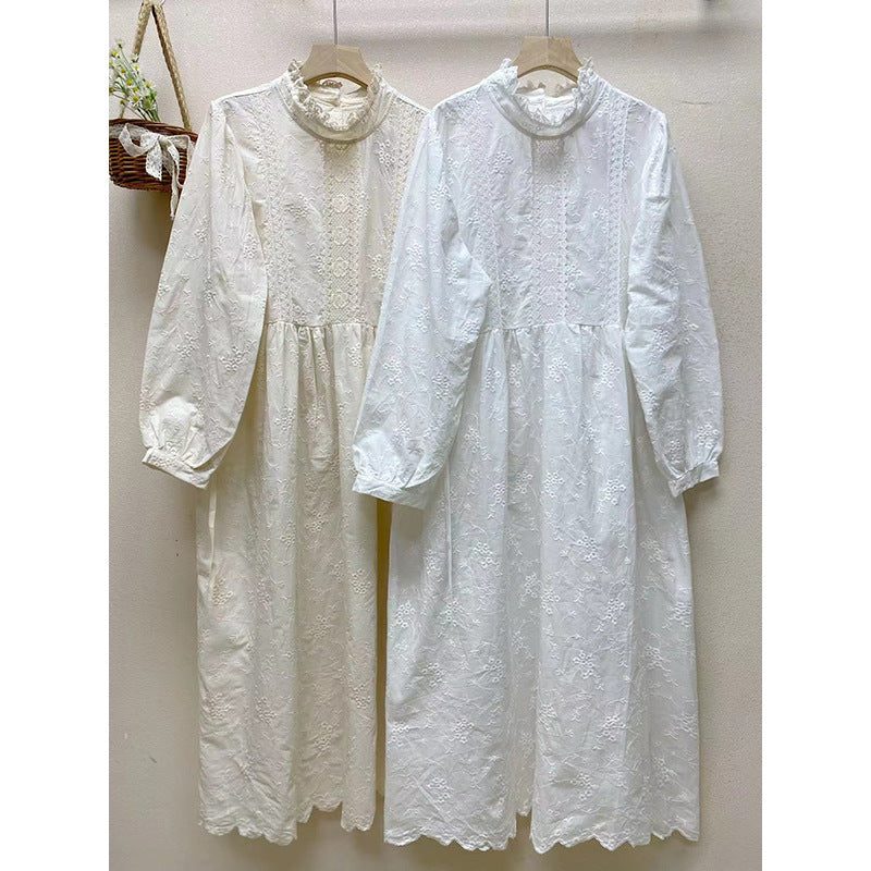 Loose Casual Embroidered Cotton Solid Color Long Sleeve Dress