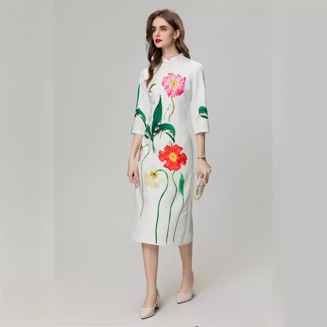 Positioning Printing Flower Heavy Industry Beads 34 Sleeve Dress