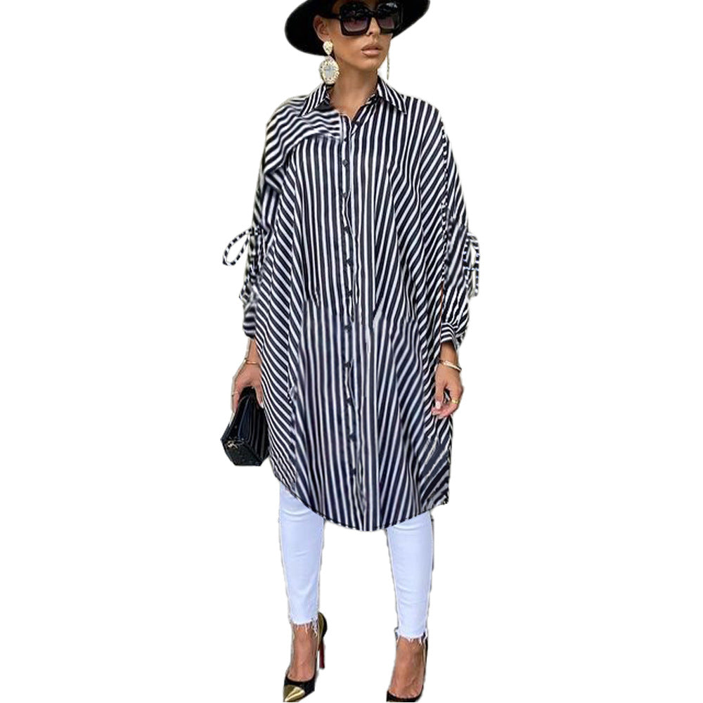 Striped Shirt Loose Long Thin Coat Choose Top