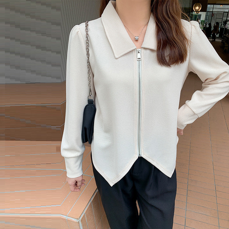 Korean Style Irregular Loose And Slim Zipper Lapel Top