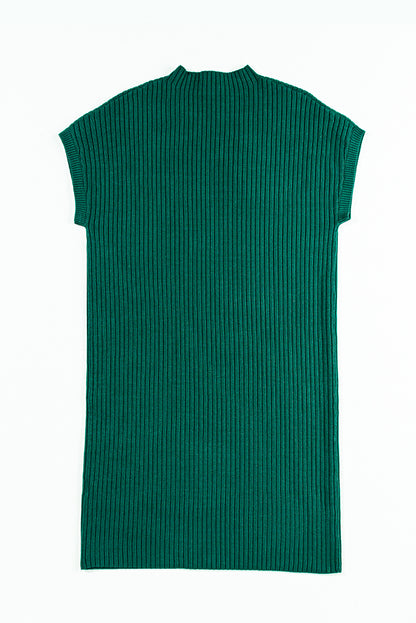 Robe pull à manches courtes en tricot côtelé avec poche plaquée vert noirâtre