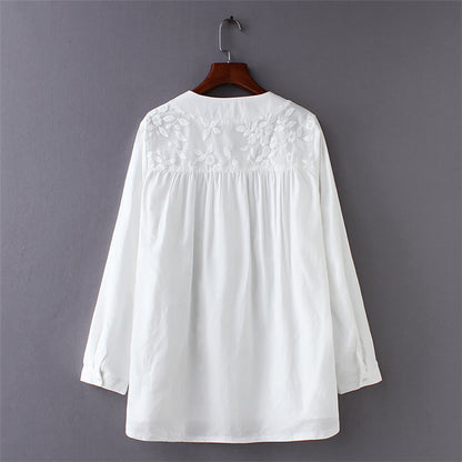 Literary Fan Organza Embroidered Stitching Long-sleeved Shirt