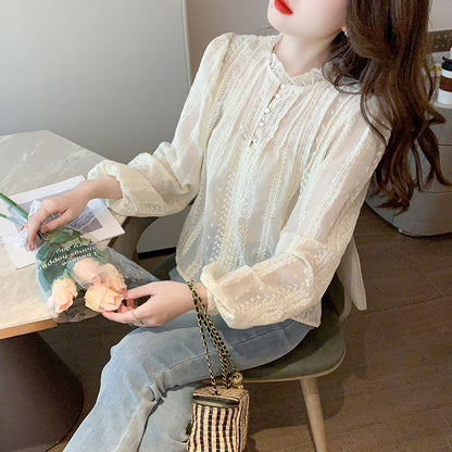 Women's New Embroidered Hollow Lantern Long Sleeve Shirt