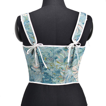 Embroidered Front Tie Straps Herringbone Corset Girdle