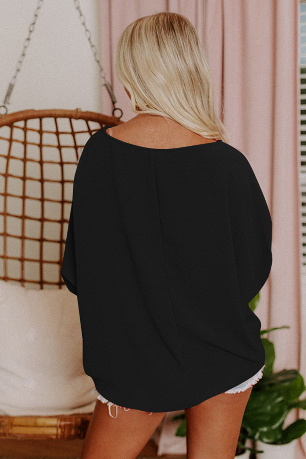 Blusa informal de negocios con manga de murciélago lisa negra para mujer