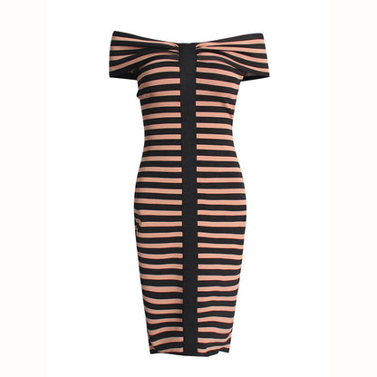 Off-shoulder Striped Mesh Stitching Design Sense Dress