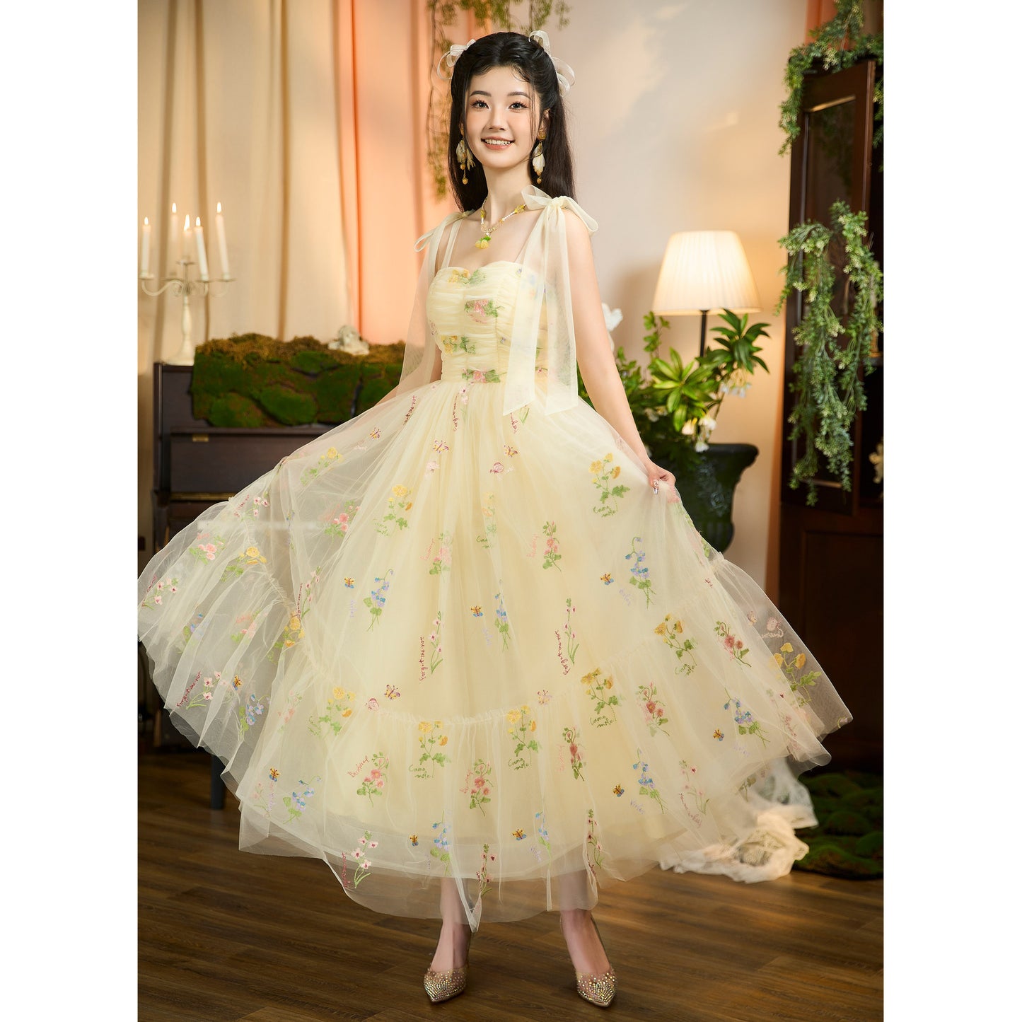 Light Yellow Embroidered Slim Fit Slimming Temperament Mesh Everyday Dress