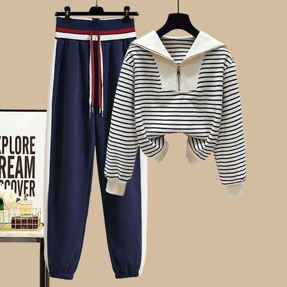 Sports Suit Spring Striped Sailor Collar Zipper Sweater