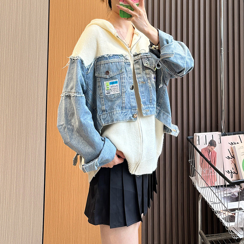 Denim Stitching Sweater Coat Women's Design Sense