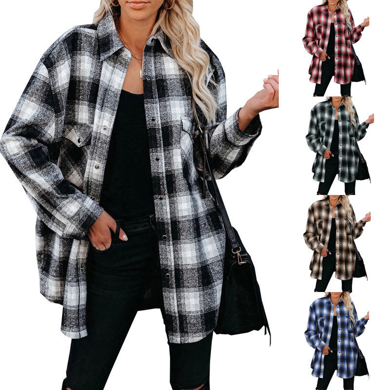 European And American Women's Plaid Mid-length Loose Lapel Cardigan Shirt