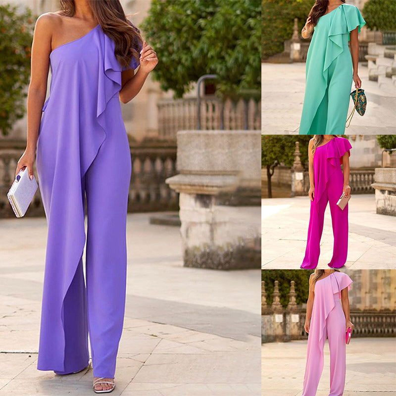 Off-shoulder Fashion Loose Long Solid Color Jumpsuit