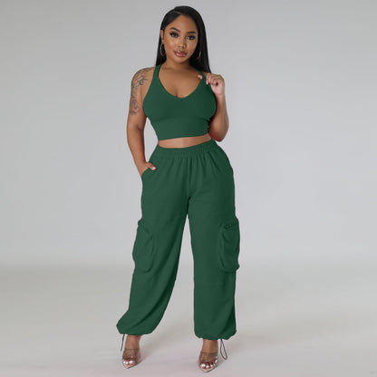 Sleeveless Vest Pocket Wide Leg Pants Casual Women's Two-piece Suit