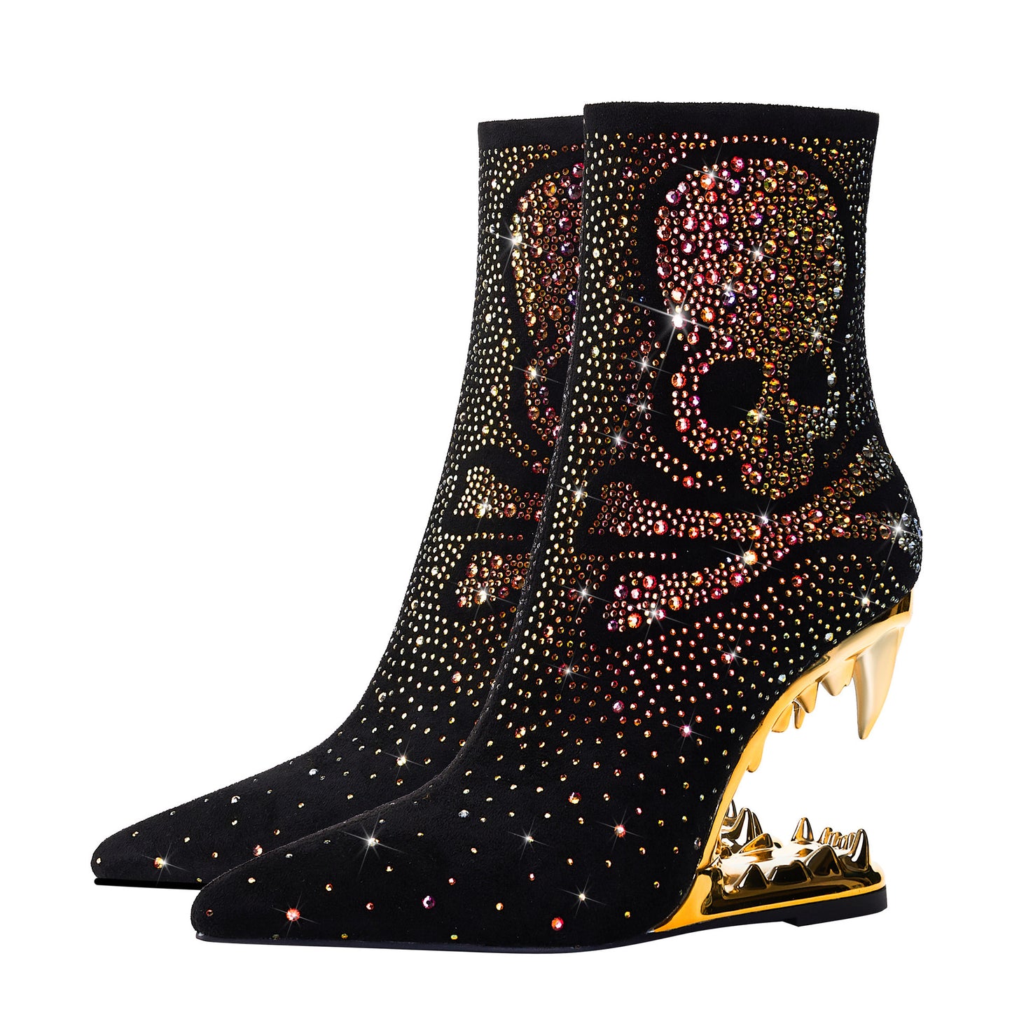 Pointed Toe Rhinestone Tiger Tooth Profiled Heel Skull Booties