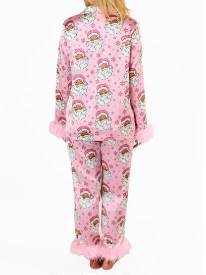 Women's Satin Printed Santa Claus Casual Suit Pajamas