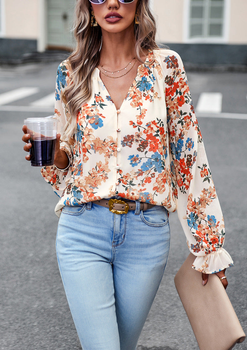 Women's Tops Casual Floral Print V Neck Long Sleeve Shirts Loose Chiffon Blouses Shirts Tops