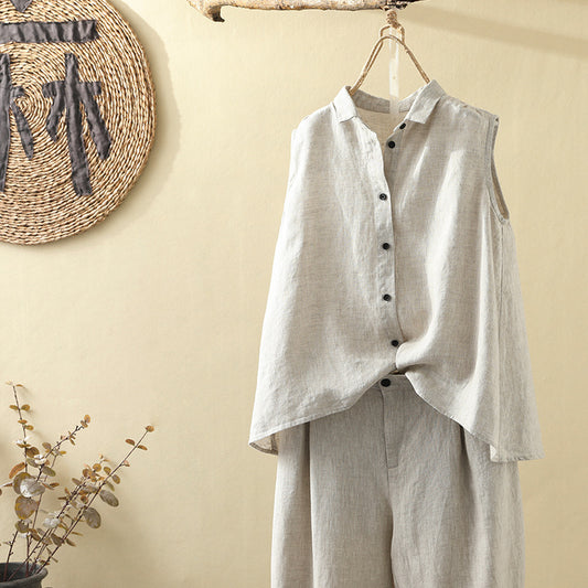 Linen Breathable Sleeveless Top Large Slit Vest