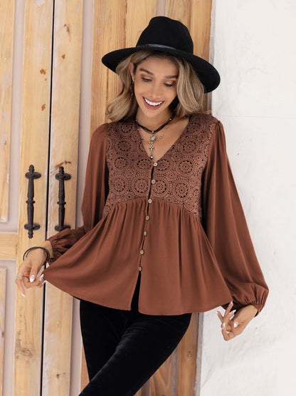 Blouse imprimée à manches longues et col en V