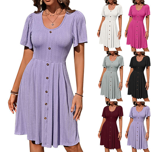 Summer U-neck Short-sleeved Dress With Button Design Fashion Casual Solid Color Holiday Dress For Womens Clothing