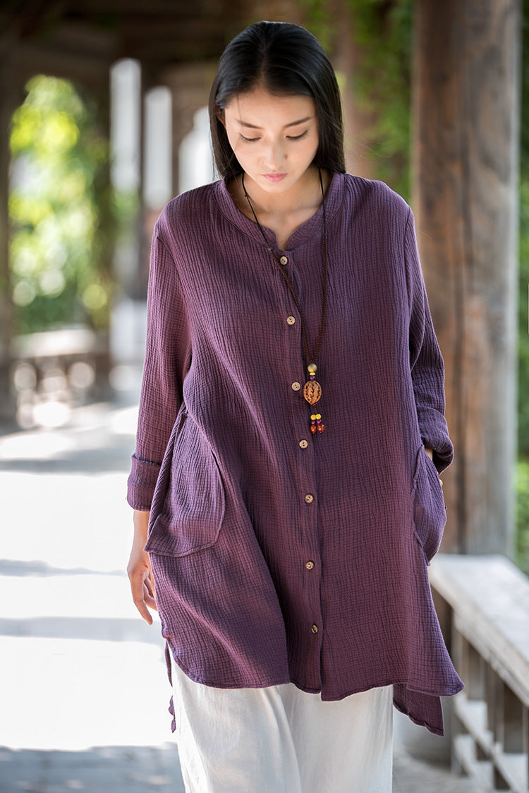 Camisa retro de doble capa de algodón y lino de primavera y verano para mujer