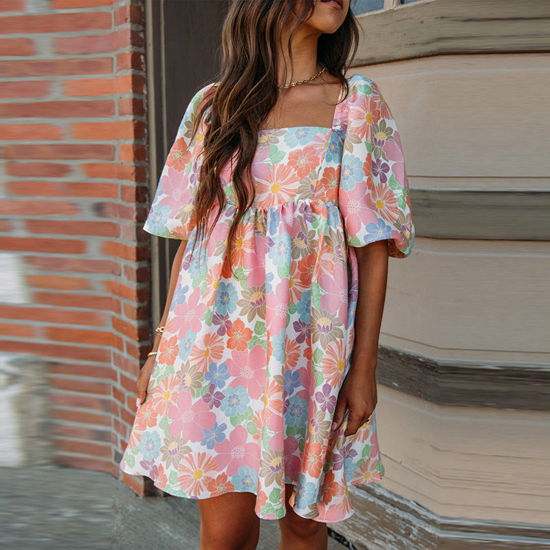 Summer New Floral Print Backless Short Sleeve Dress Women