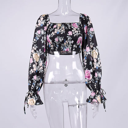 Women's Floral Flared Sleeve Tie Pleated Cropped Crop Top