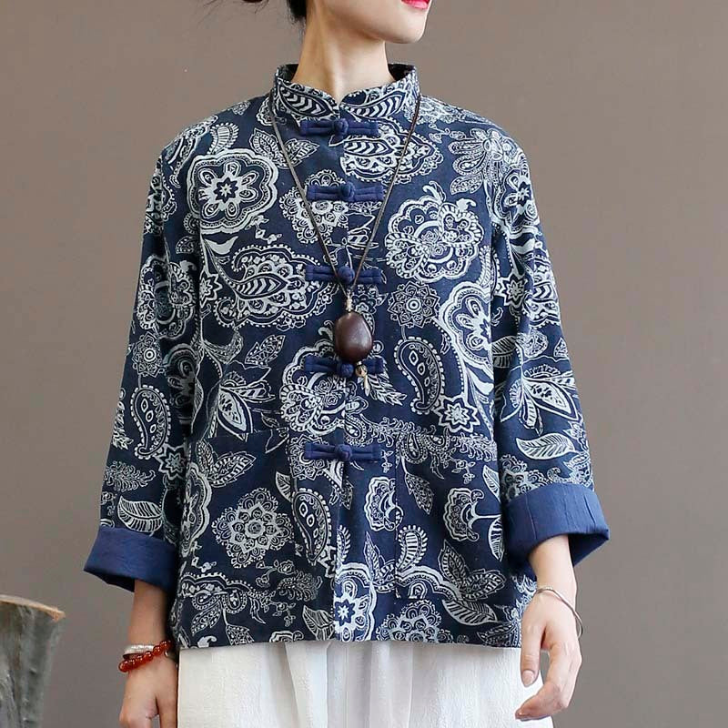 Cotton And Linen Jacket Women's Ethnic Blue Calico Cardigan