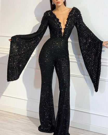 Sequin V-Neck Doll Sleeve Top Jumpsuit