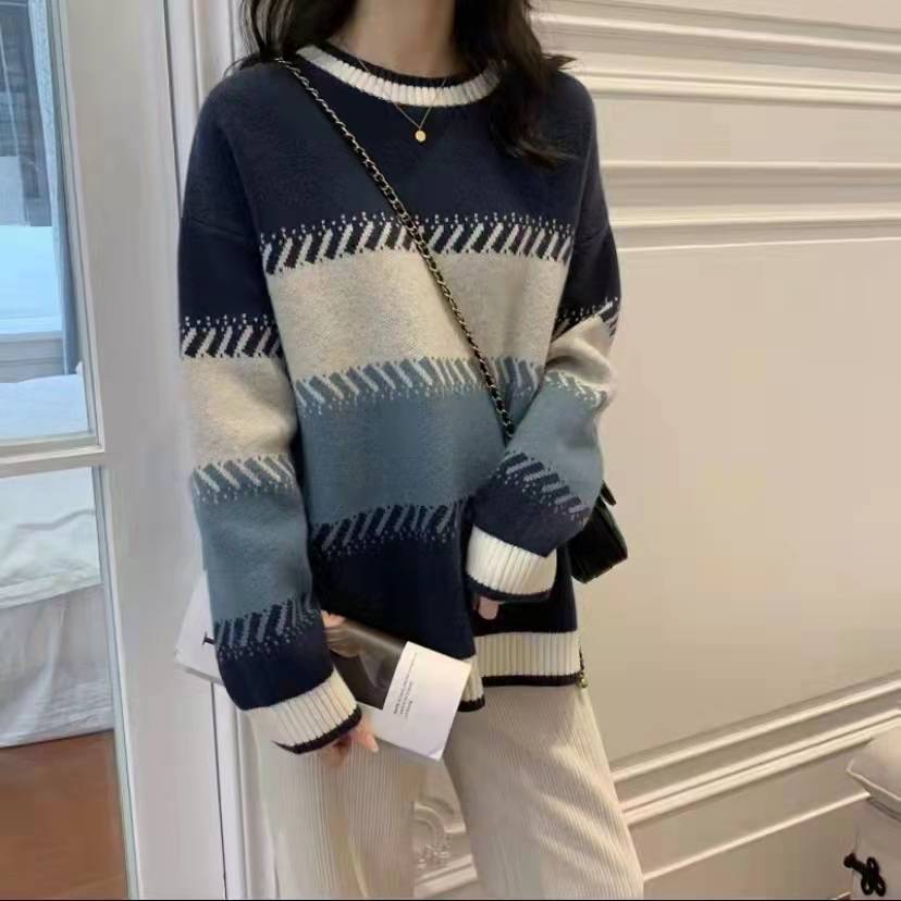 Gentle Style Fashionable Stylish Contrast Color Lazy Sweater Women's