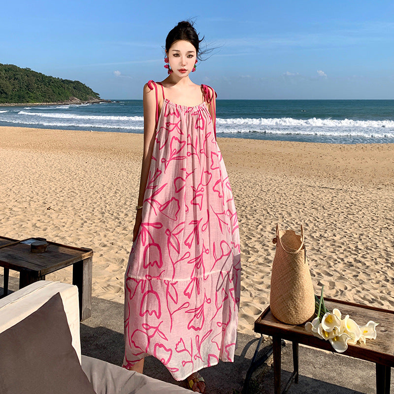 Ink Printing Seaside Vacation Sling Beach Dress