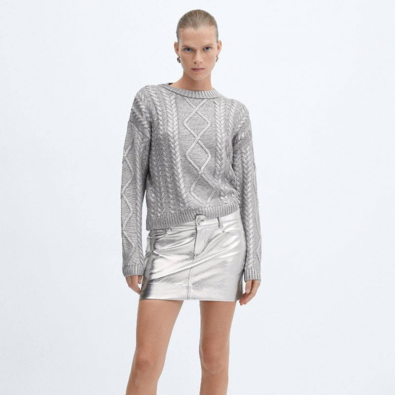 Retro Crew Neck Long Sleeve Rhombus Metal Foil Woven Sweater