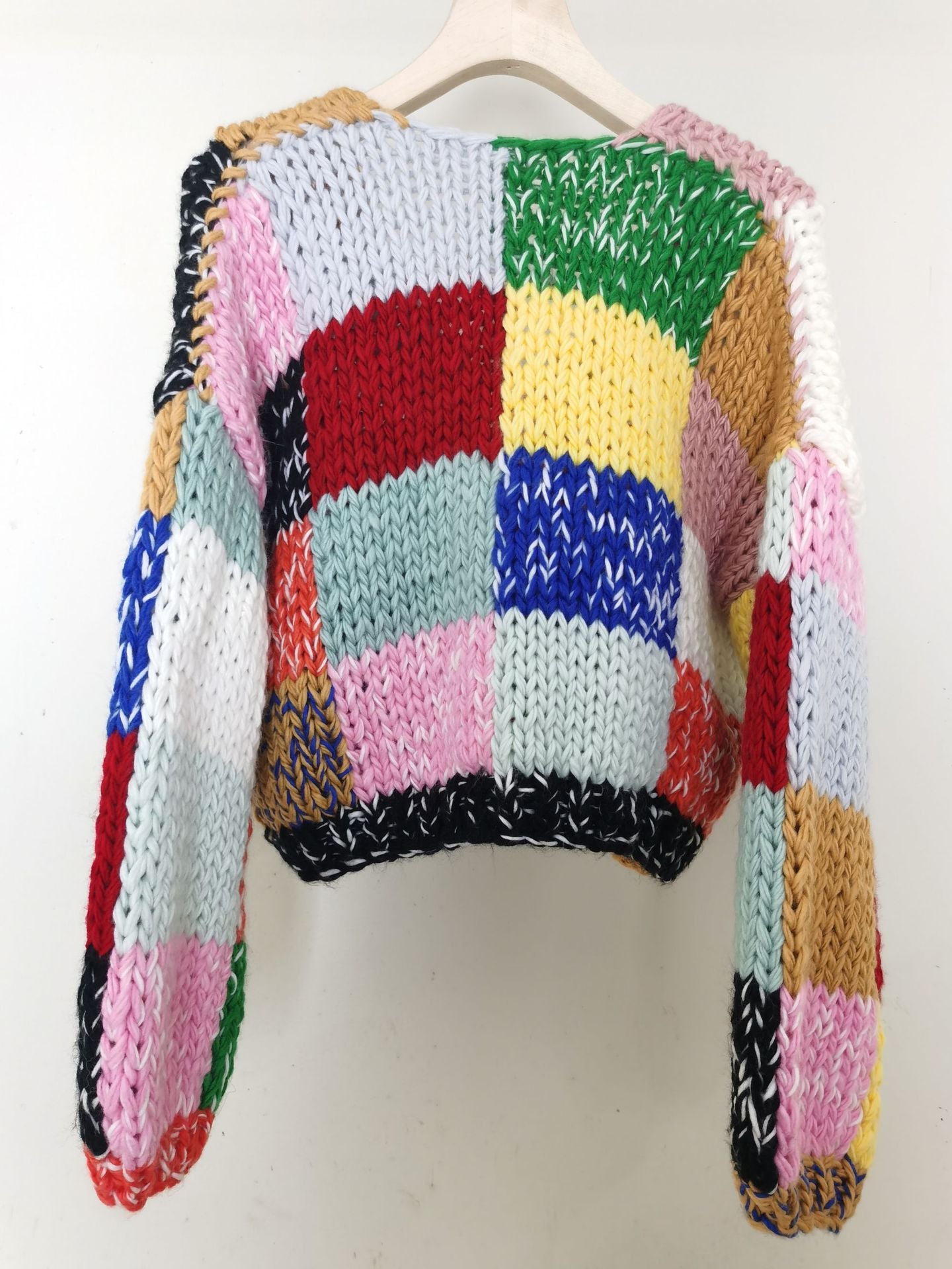 Retro Contrast Color Rainbow Plaid Handmade Versatile Cardigan Sweater For Women