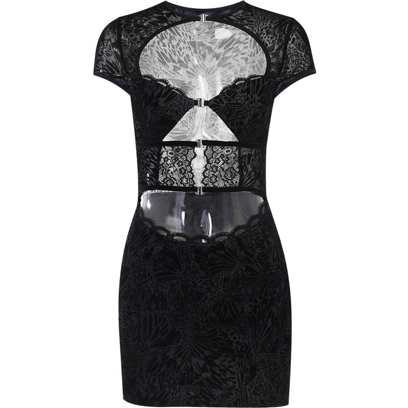 Fashion Flocking Lace Hollow Dress