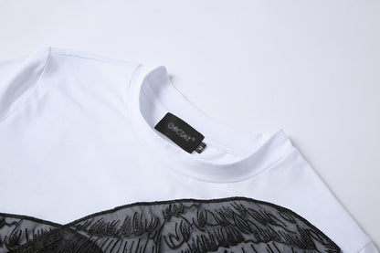 Short Sleeve Design Personality Blouse With Angel Wings Embroidery Applique T-shirt For Women