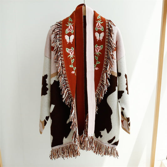 Large Pattern Embroidery Tassel Sweater Coat