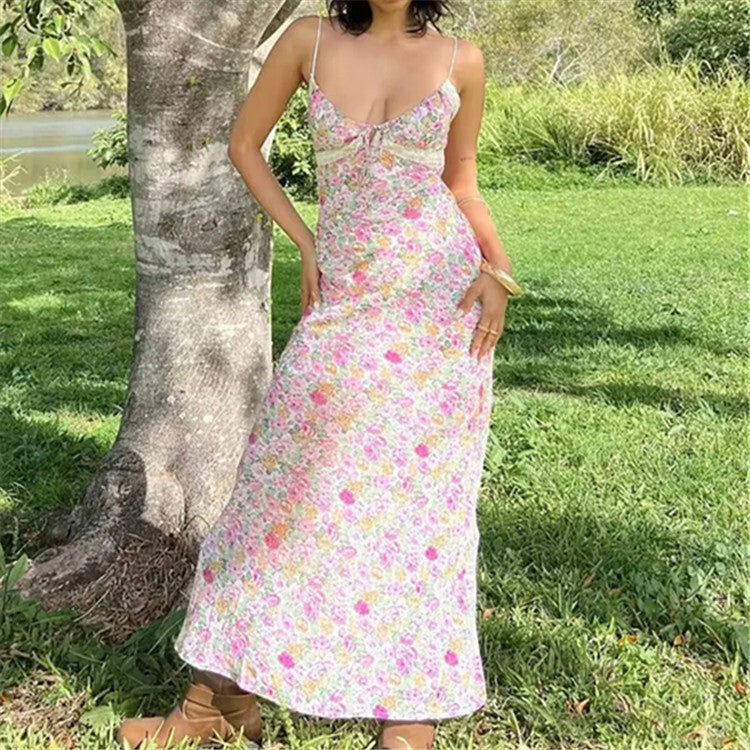 Vestido lencero floral de encaje con cuello en V Blogger Ins europeo y americano