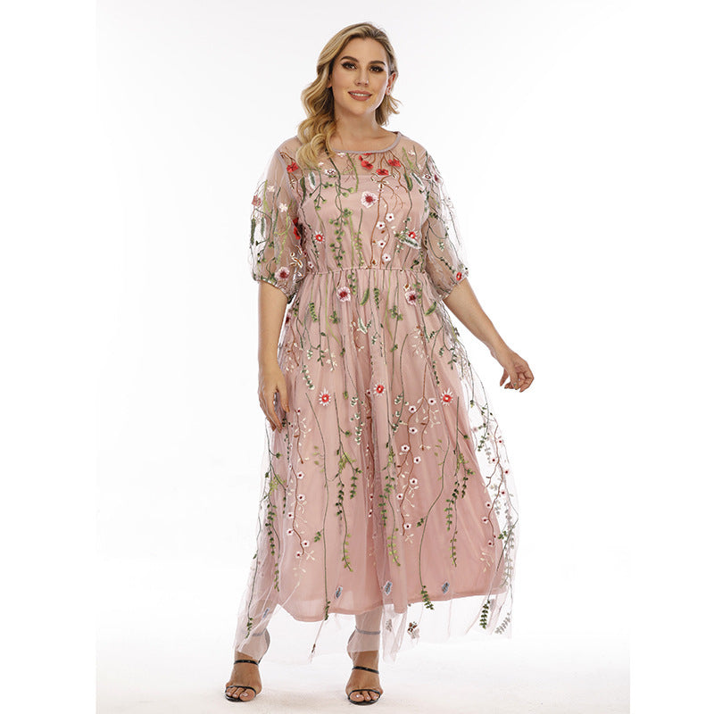 Plus Size Dress Evening Dress Women's Mesh Embroidered Midi Dress