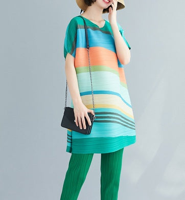 Korean Style Slim Top Plus Size Loose Rainbow Stripe