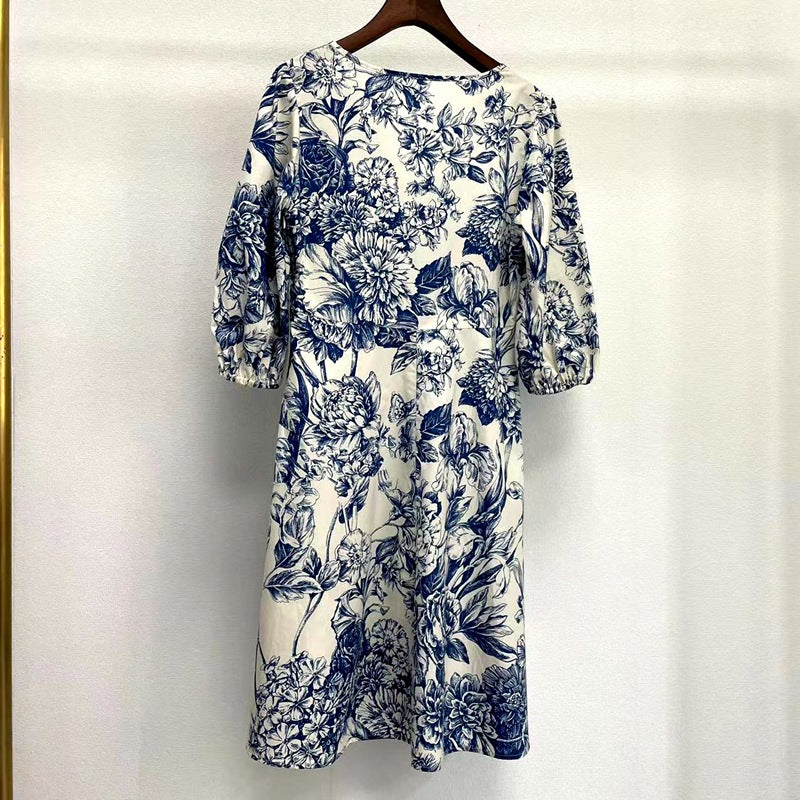 V-neck Mid-sleeve Cotton Blue And White Porcelain Print Dress