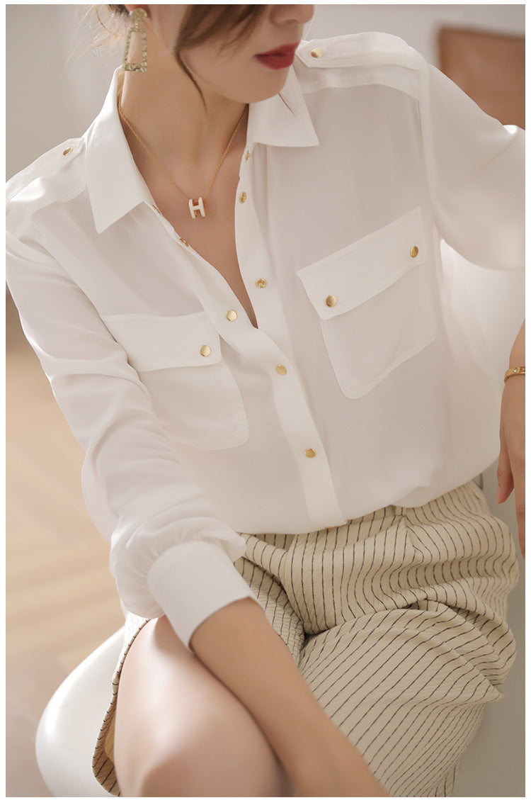 Women's Long-sleeved Solid Color  Silk Shirt