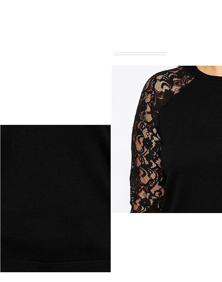 British Style Lace Sleeve Cotton Sweater T-shirt