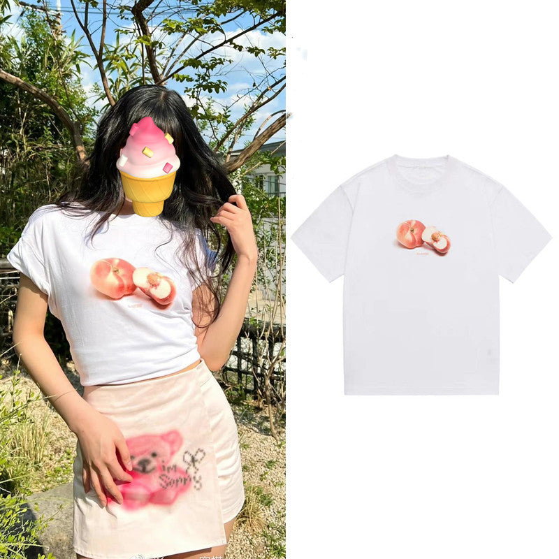 Camiseta de manga corta con estampado de ilustración Pan Peach