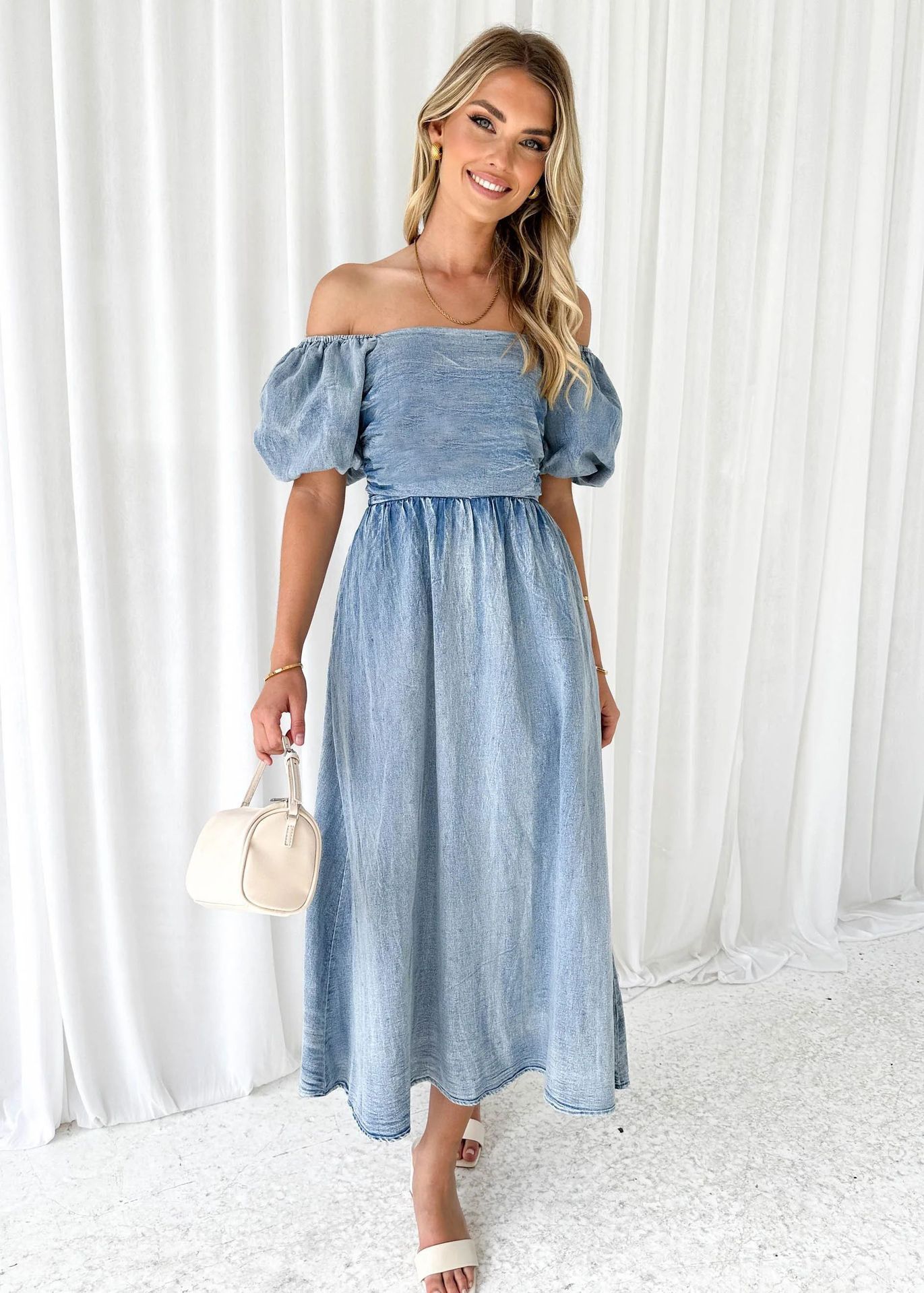 Puff Sleeve Waist-tight Denim Long Dress