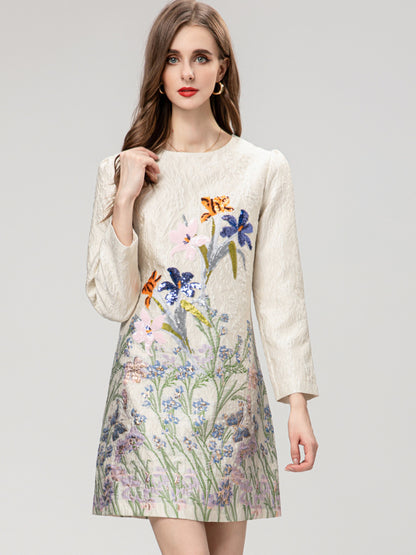 Heavy Embroidery Sequins Fashion Narcissus Jacquard Printed Long Sleeve Short Dress