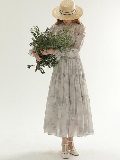 Long Sleeve Floral Dress Gentle Tea Break Long Skirt