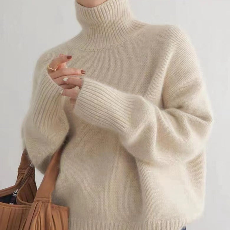 Women's Minimalist Turtleneck Wool Thick Loose Idle Style Knitted Bottoming Sweater