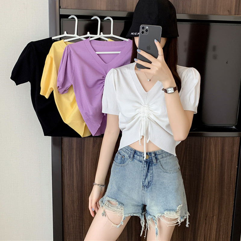 Women's V-neck Blouse Summer Knit Short Sleeve