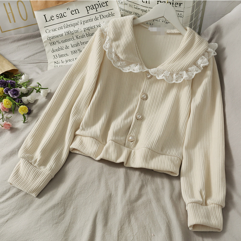 Lace Patchwork Doll Collar Vertical Striped Shirt