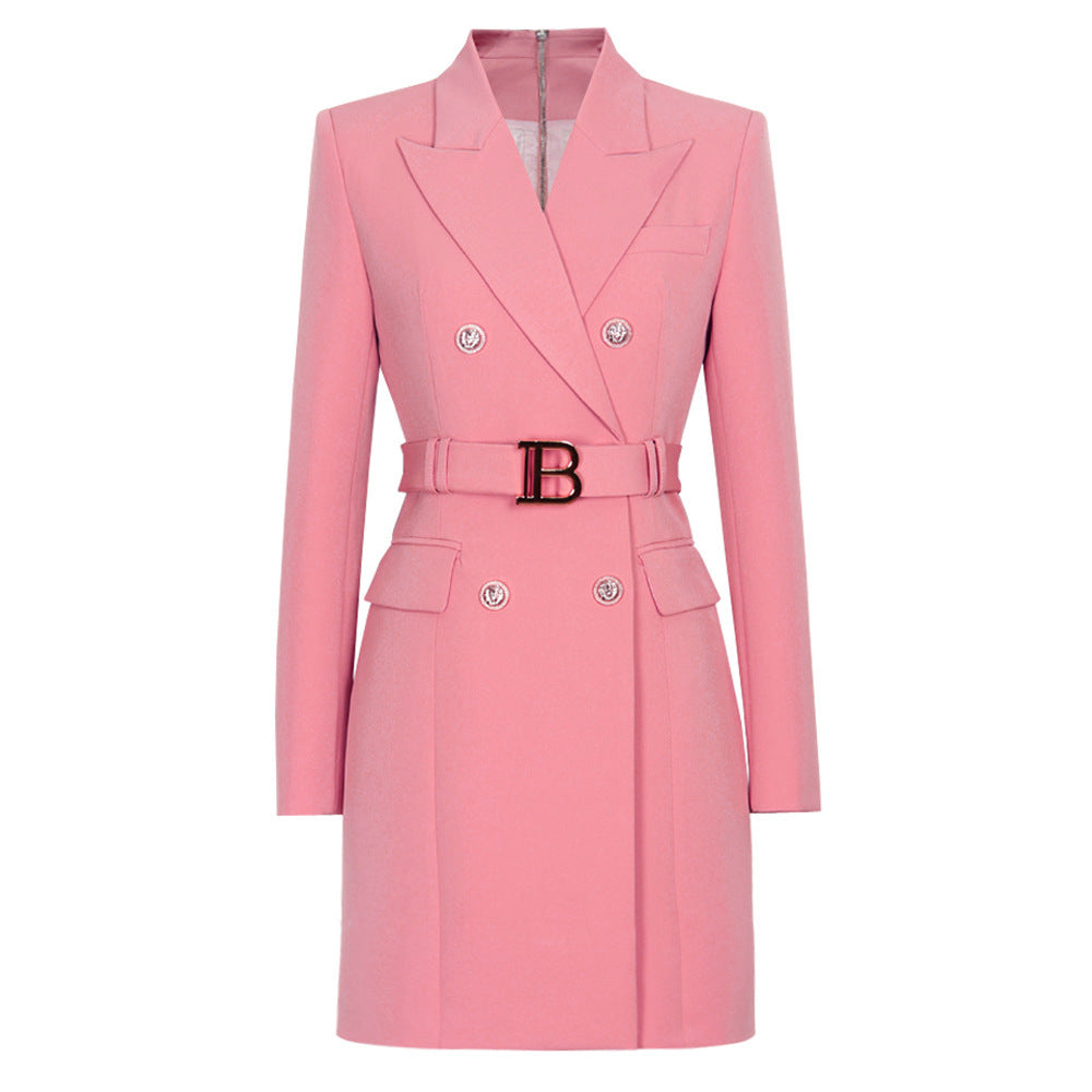 High Solid Color Belt Long Sleeve Slim Fit Temperament Commute Business Suit And Dress