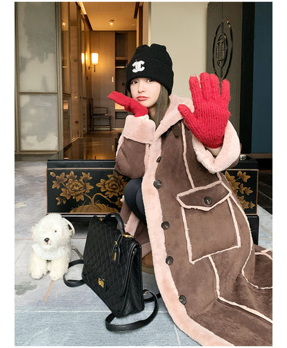 Retro Coffee Color Loose Lapels Single-breasted Stitching Fur Integrated Large Coat